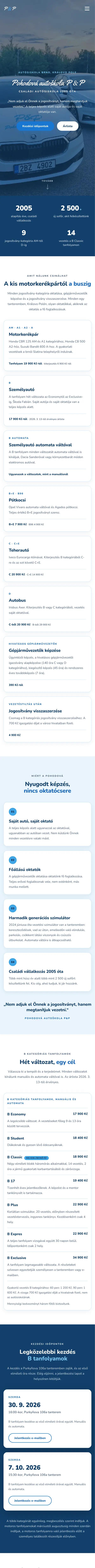 Pohodová autoškola: a weboldal nyitóoldala (mobil)