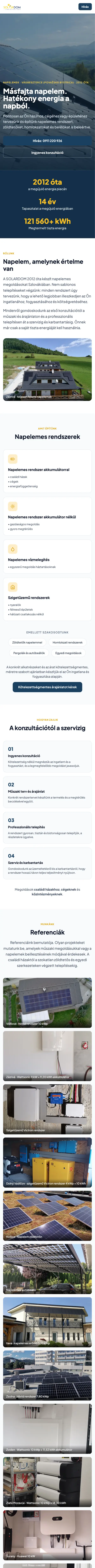 Solardom: a weboldal nyitóoldala (mobil)