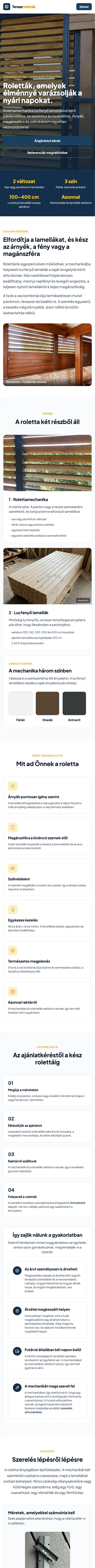 Terasové rolety: a weboldal nyitóoldala (mobil)