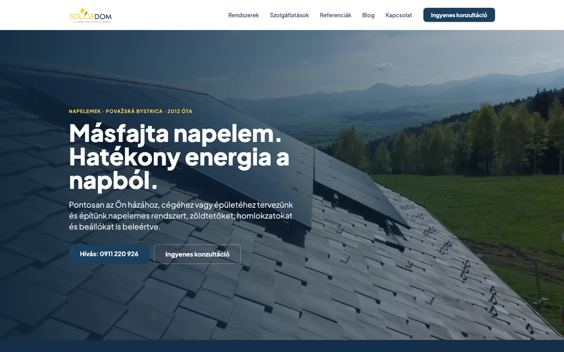 Solardom: a weboldal nyitóoldala